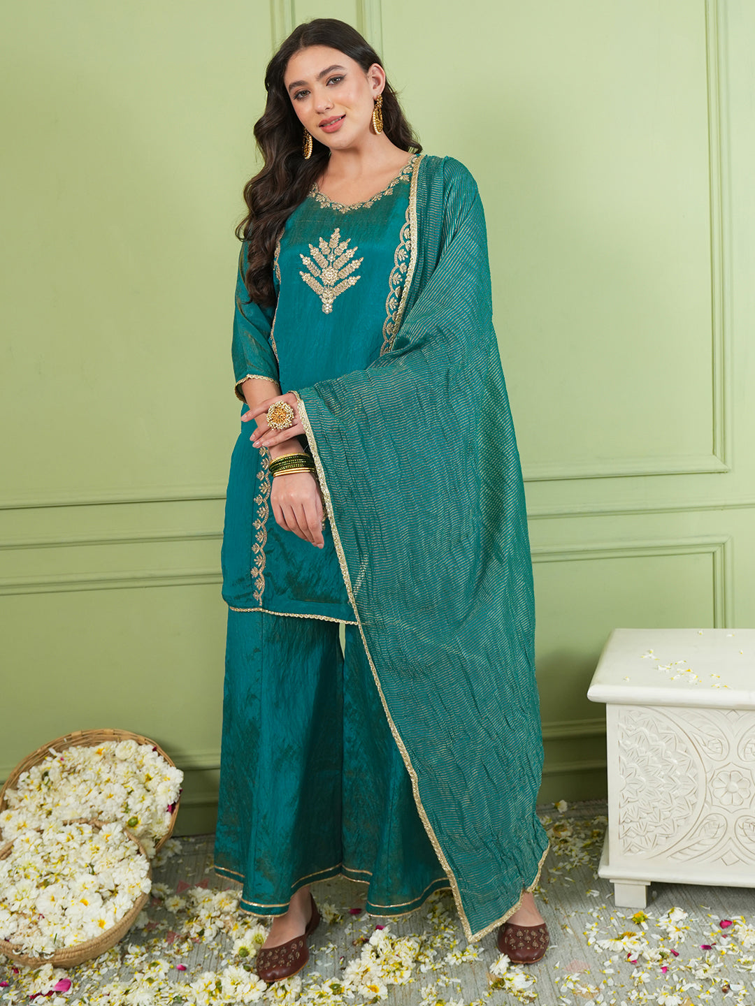 Rama Green Silk Embroidered Sharara Suit Set