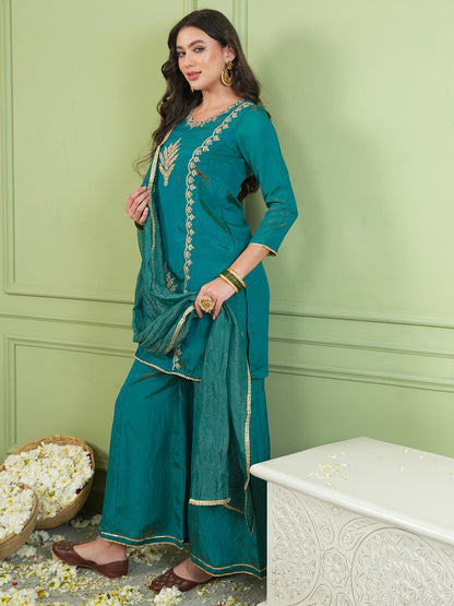 Rama Green Silk Embroidered Sharara Suit Set