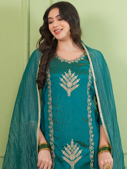 Rama Green Silk Embroidered Sharara Suit Set