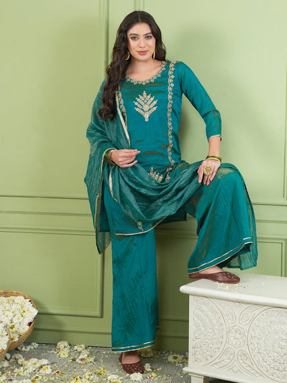 Rama Green Silk Embroidered Sharara Suit Set