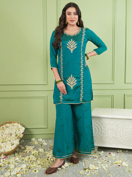 Rama Green Silk Embroidered Sharara Suit Set