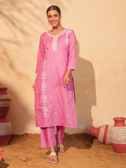 Peach Cotton Embroidered Suit Sets
