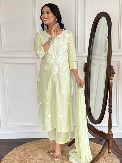 Pastel Green Embroidered Cotton Kurta Pant Set