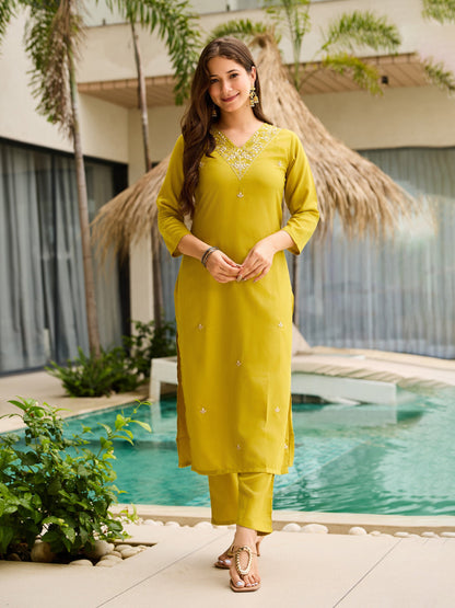 Olive Lime Green Embroidered Suit Sets