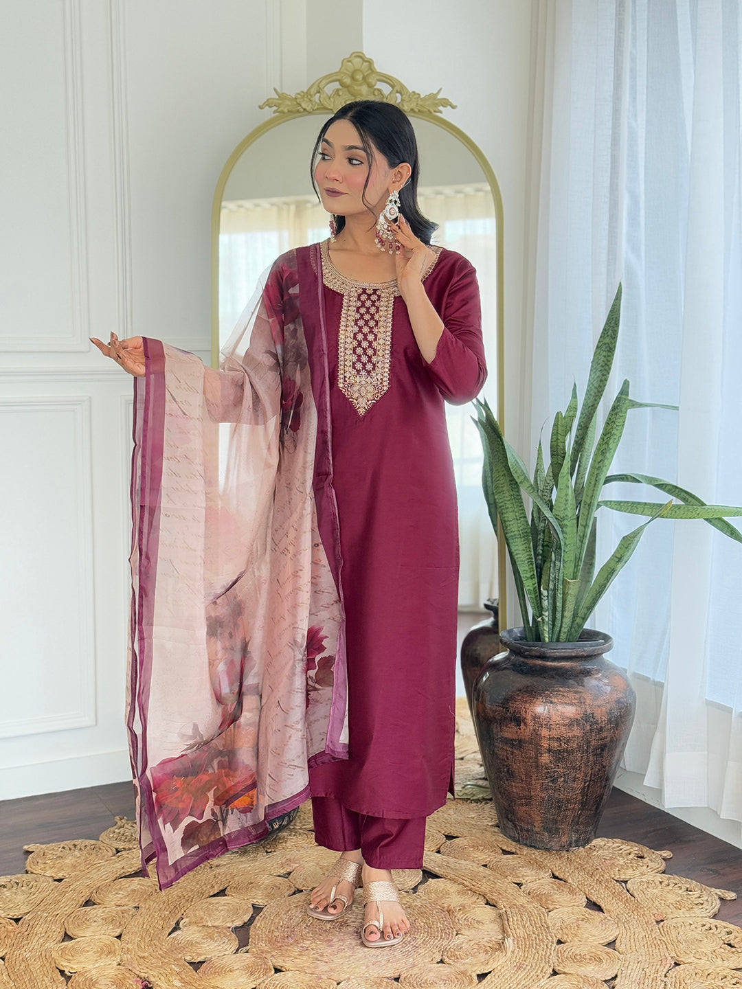 Wine Elegance Viscose Silk Suit Sets