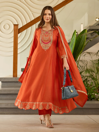 Rust Orange Chanderi Anarkali Kurta Pant Set