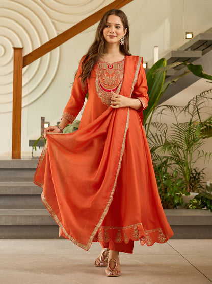 Rust Orange Chanderi Anarkali Kurta Pant Set