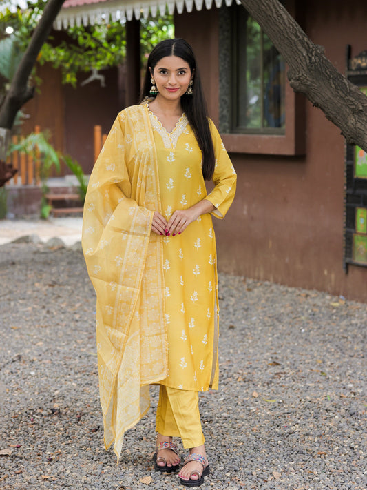 Yellow Cotton Embroidered Kurta Pant Set