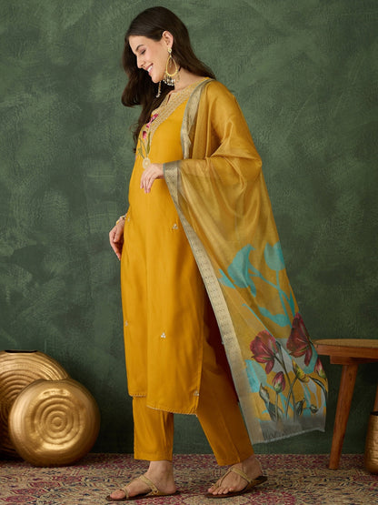 Mustard Yellow Floral Embroidered Suit Sets