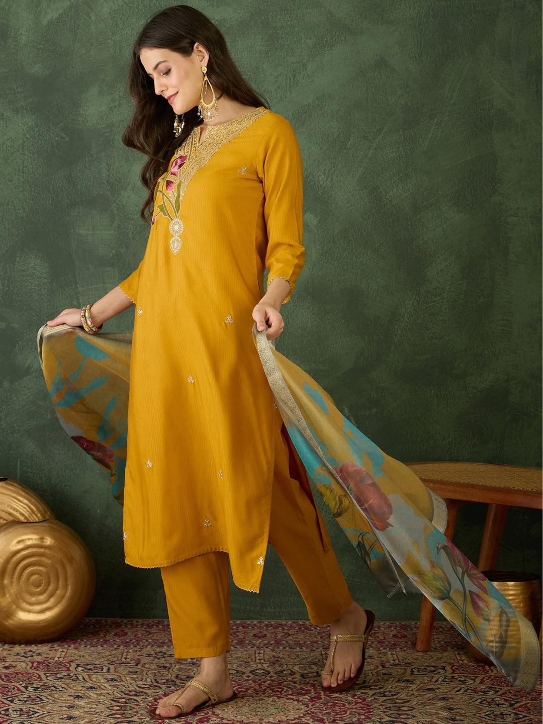 Mustard Yellow Floral Embroidered Suit Sets