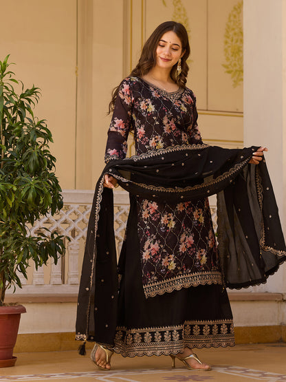 Black Floral Print Kurta Sharara Set