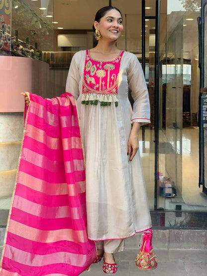 Cream Pink Silk Flared Anarkali Kurta Set