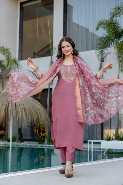 Peach Embroidered Viscose Chanderi Kurta Set