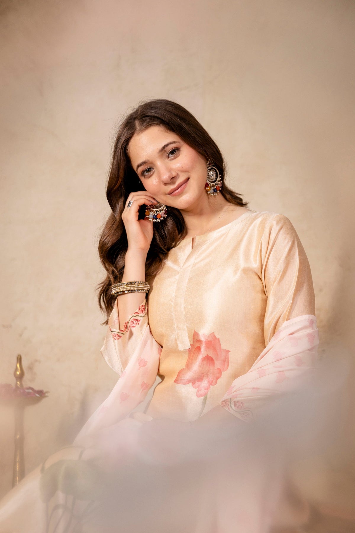Cream Floral Printed Soft Assam Kurta Pant Set