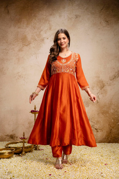 Orange Embroidered Vichitra Silk Anarkali Suit Set