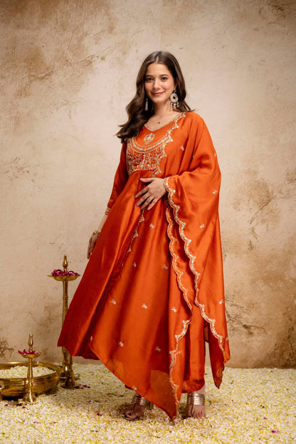 Orange Embroidered Vichitra Silk Anarkali Suit Set