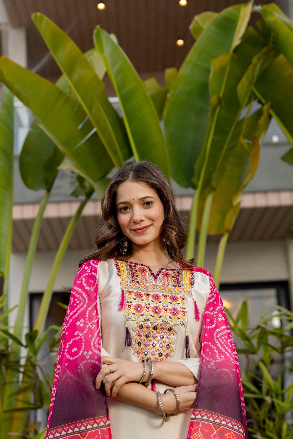 Cream Viscose Simmer Embroidered Kurti Set