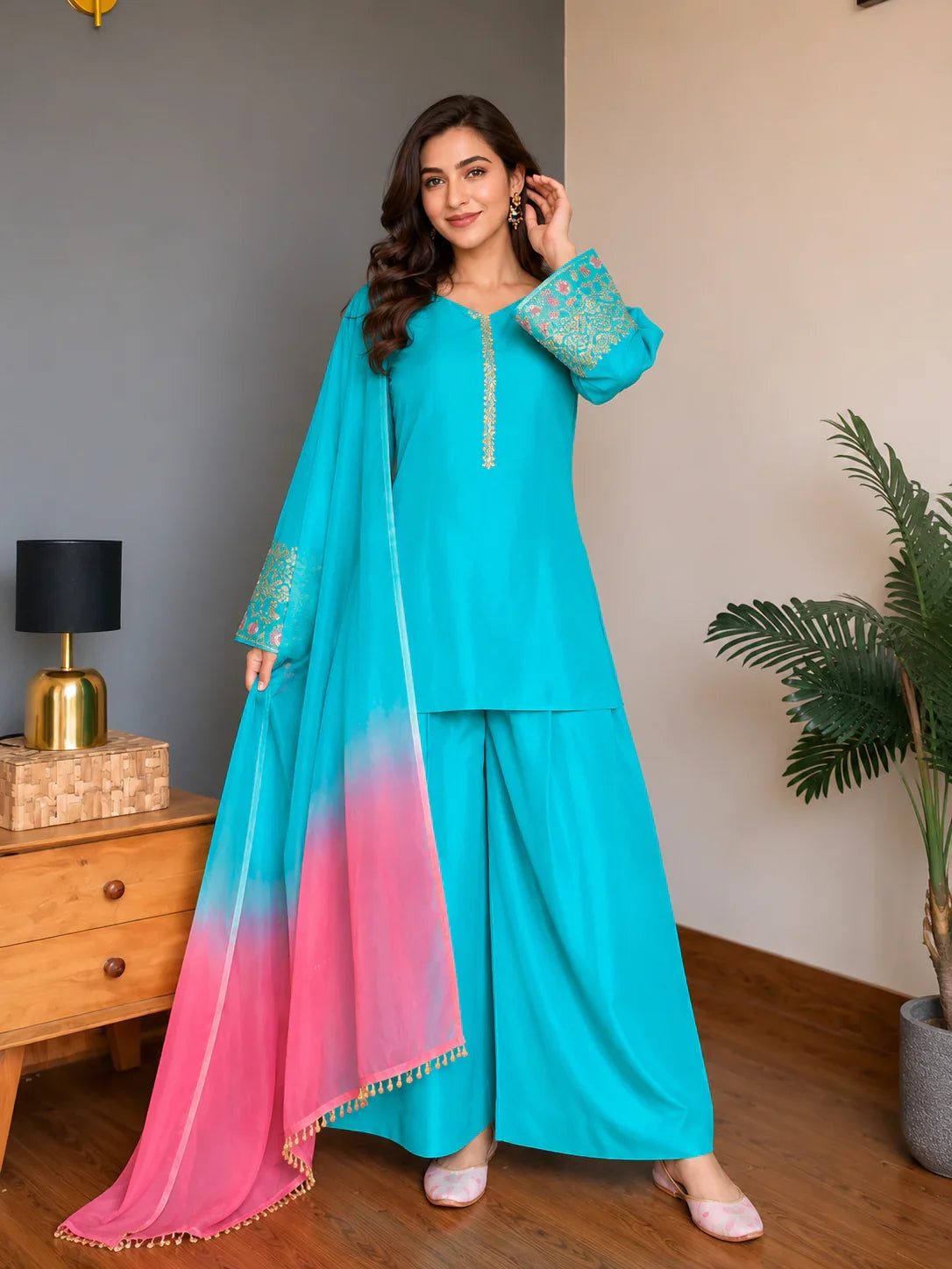 Sky Blue Jacquard Work Embroidered Farshi Kurta Set