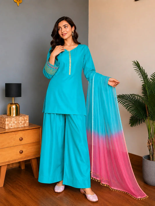 Sky Blue Jacquard Work Embroidered Farshi Kurta Set