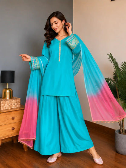 Sky Blue Jacquard Work Embroidered Farshi Kurta Set