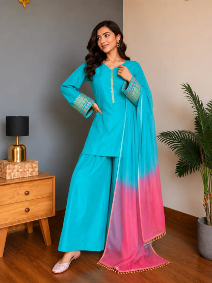 Sky Blue Jacquard Work Embroidered Farshi Kurta Set