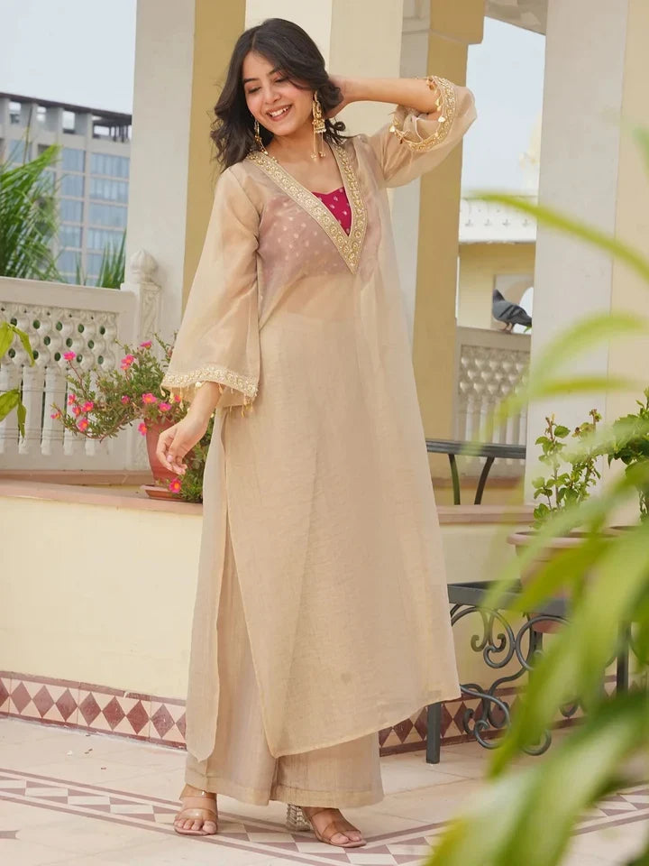 Women’s Golden Tissue Silk Embroidered Kurta & Palazzo Set