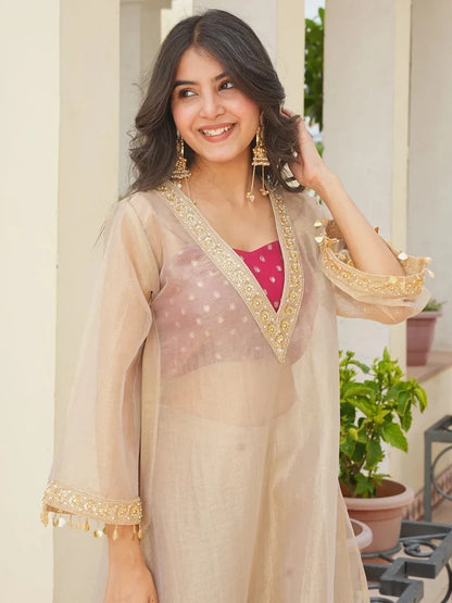 Women’s Golden Tissue Silk Embroidered Kurta & Palazzo Set