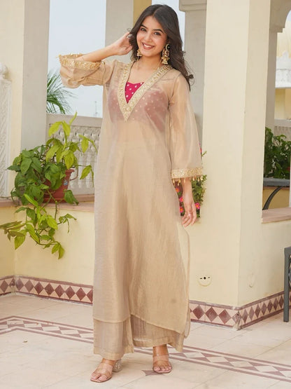 Women’s Golden Tissue Silk Embroidered Kurta & Palazzo Set