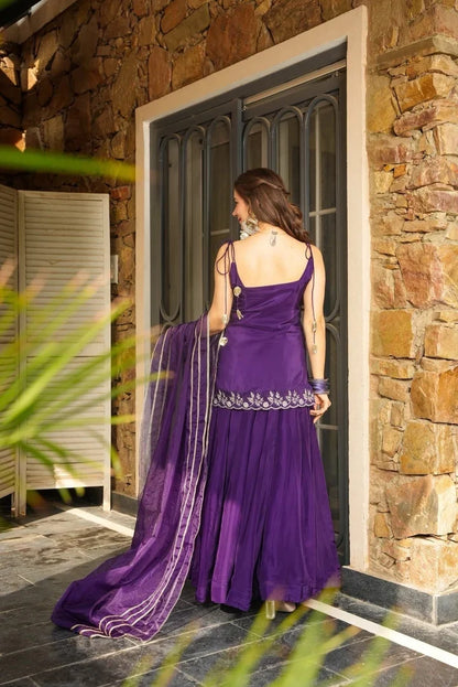 Purple Embroidered Short Kurti with Sharara and Dupatta Set