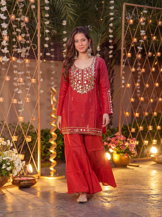 Royale Rust Orange Roman Silk Kurta Sharara Pant