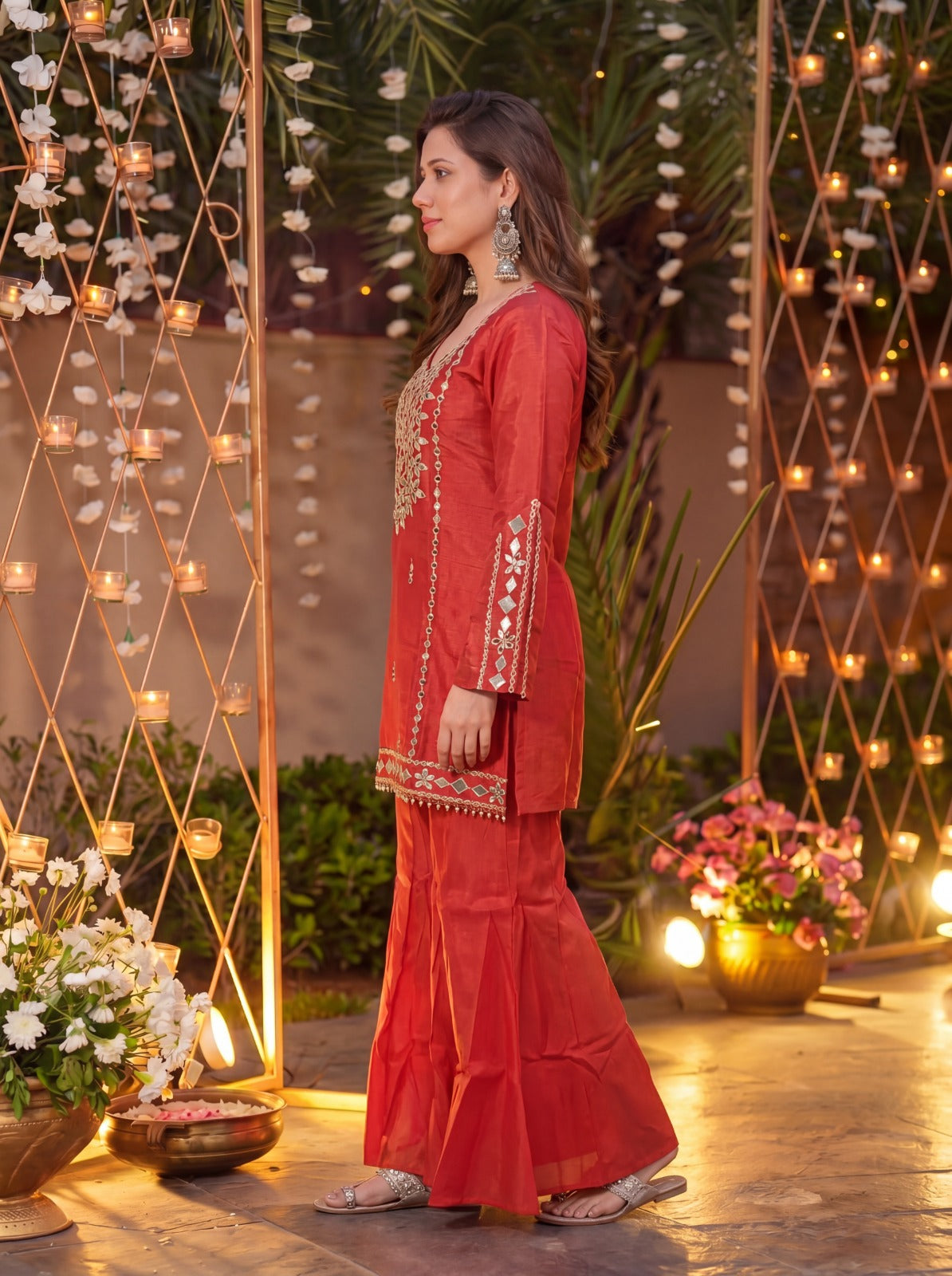 Royale Rust Orange Roman Silk Kurta Sharara Pant