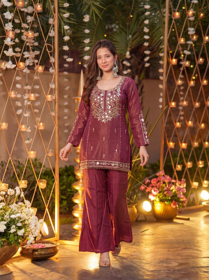 Royale Wine Roman Silk Sharara Kurta Pant