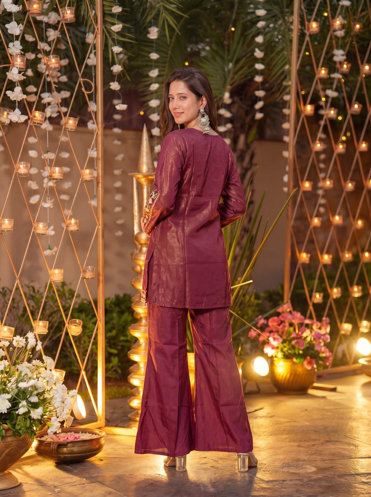 Royale Wine Roman Silk Sharara Kurta Pant