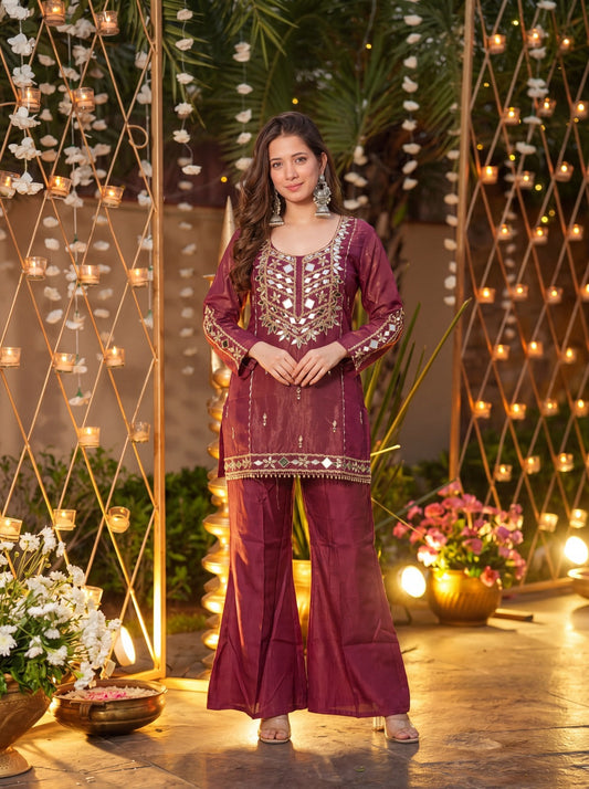 Royale Wine Roman Silk Sharara Kurta Pant