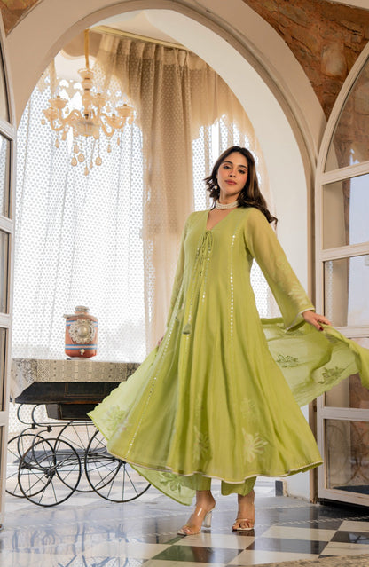 Pista Bloom Embroidered Anarkali Kurta Set
