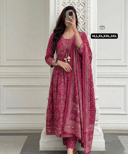 Wine Printed Anarkali Suit Set