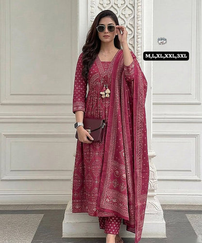 Wine Printed Anarkali Suit Set