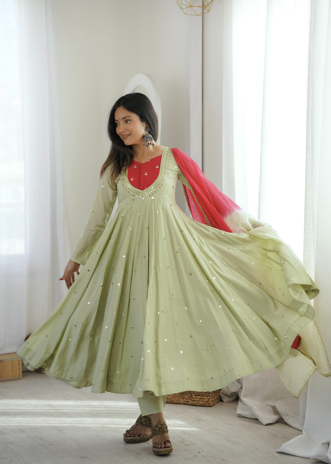 Pastel Green Embroidered Anarkali Suit Set