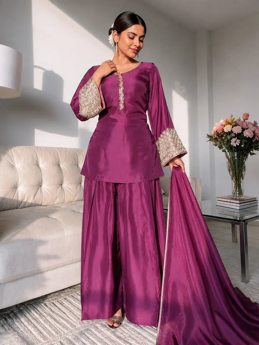 Wine Jacquard Work Embroidered Farshi Kurta Set