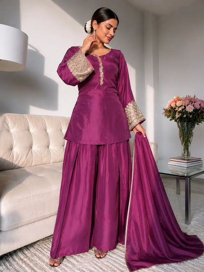 Wine Jacquard Work Embroidered Farshi Kurta Set