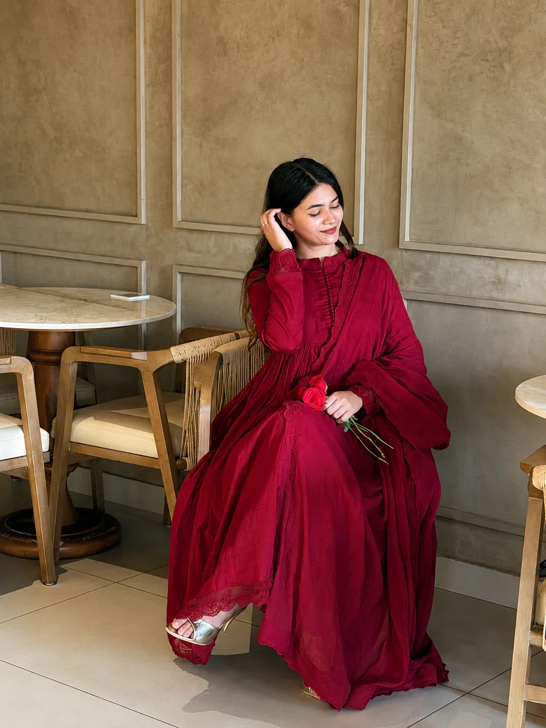 Luxury Embroidered Wine Red Anarkali Set
