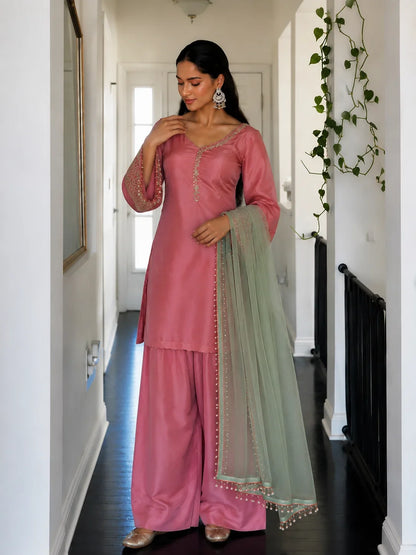 Pink Jacquard Work Embroidered Farshi Kurta Set