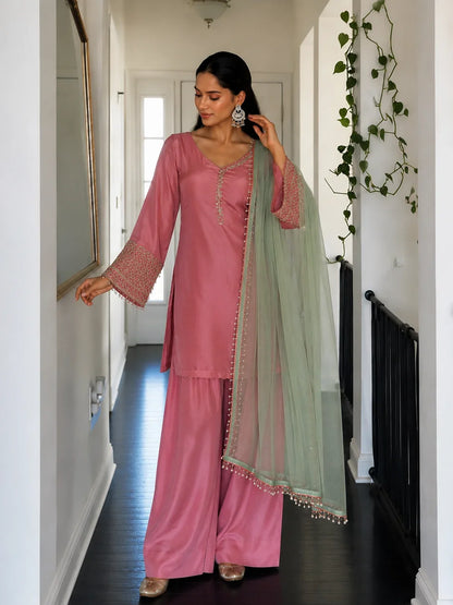 Pink Jacquard Work Embroidered Farshi Kurta Set
