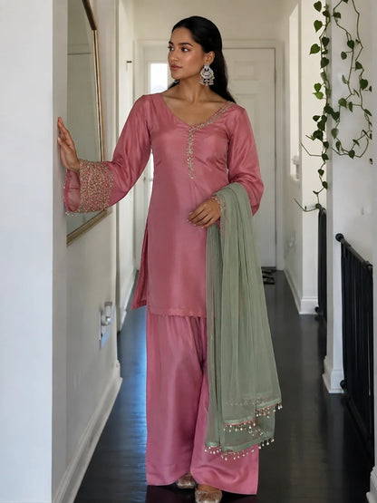 Pink Jacquard Work Embroidered Farshi Kurta Set