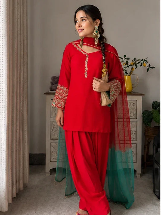 Red Jacquard Work Embroidered Farshi Kurta Set