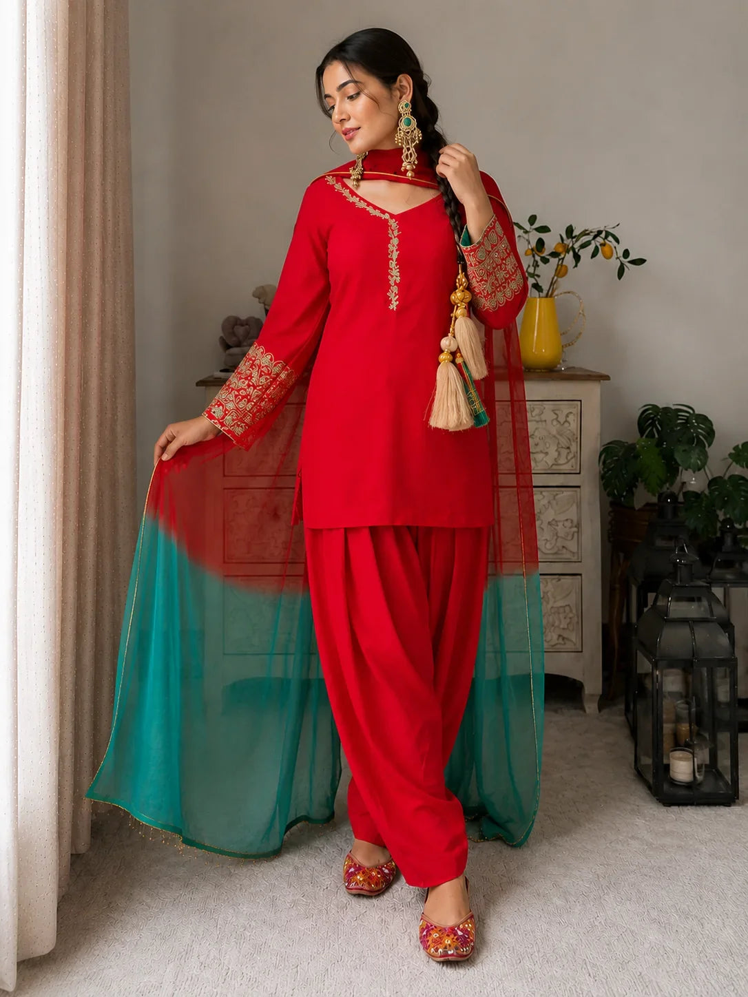 Red Jacquard Work Embroidered Farshi Kurta Set